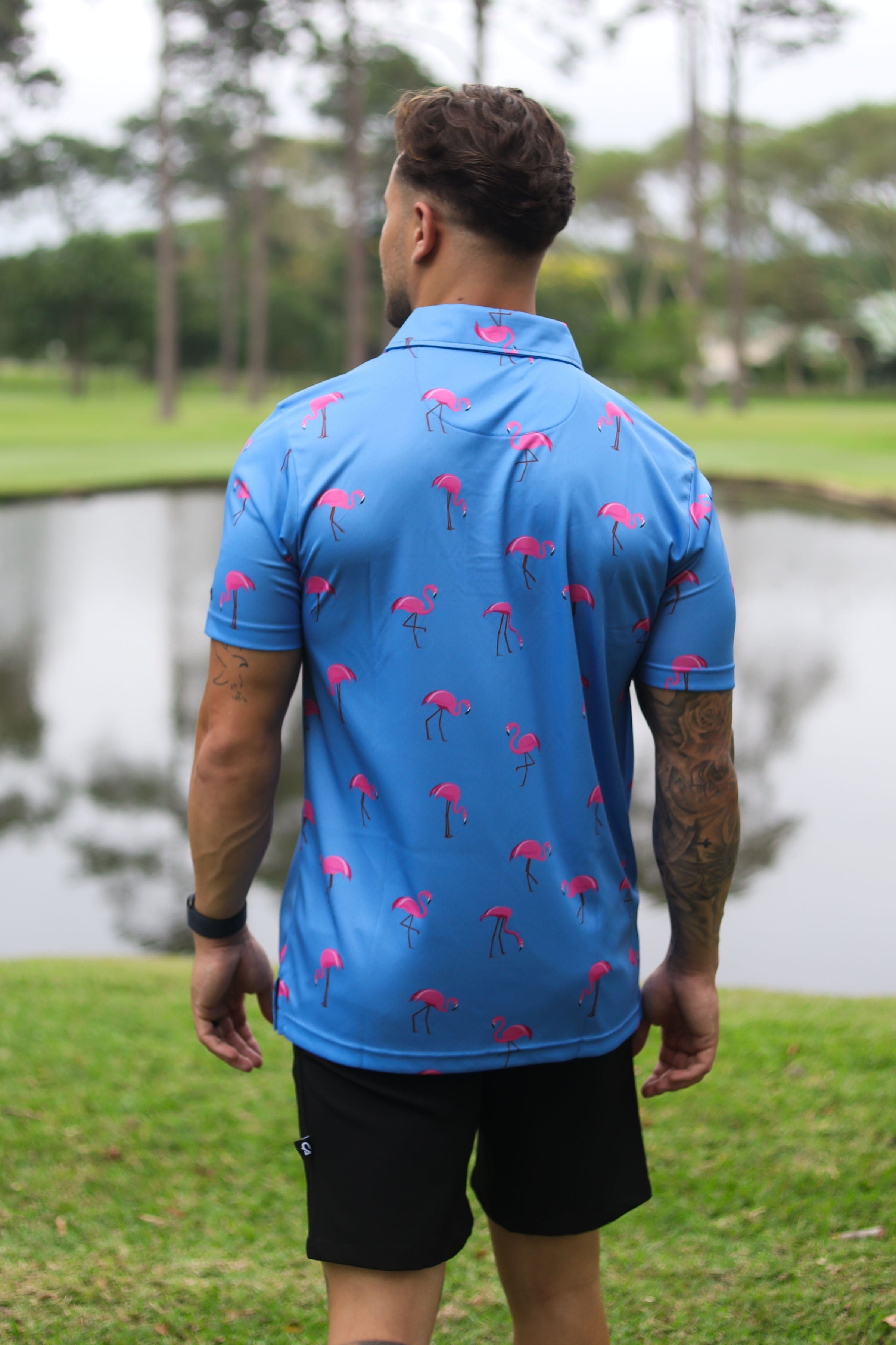 CA Funky Golf Polo | Blue-Dotted Flamingo