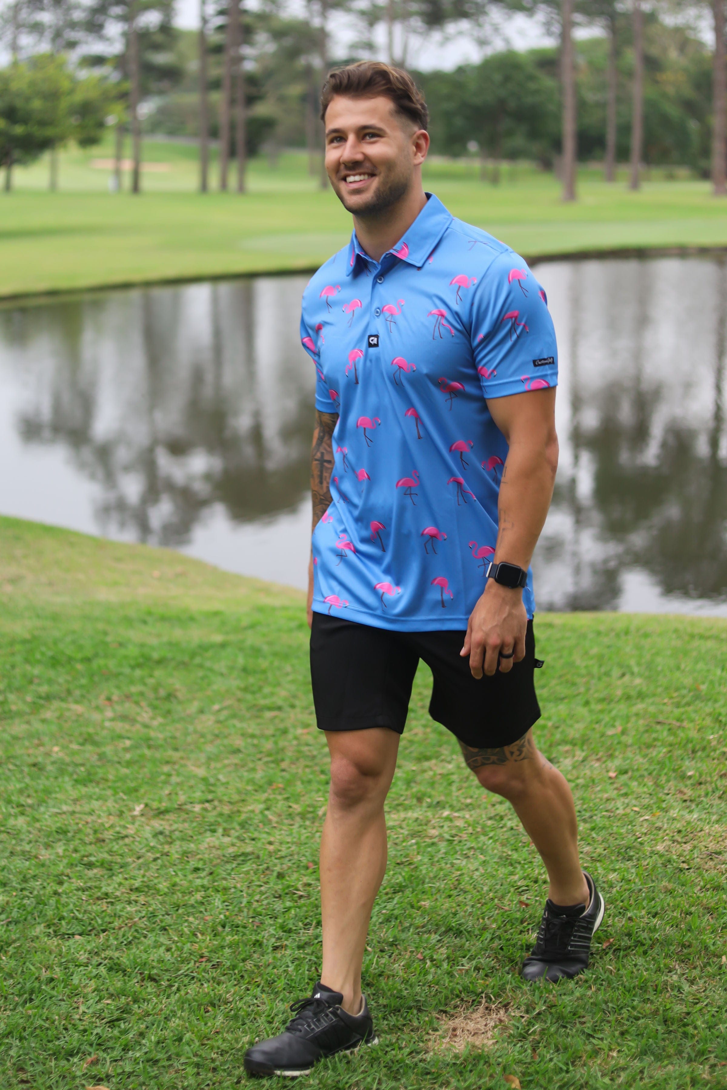 CA Funky Golf Polo | Blue-Dotted Flamingo